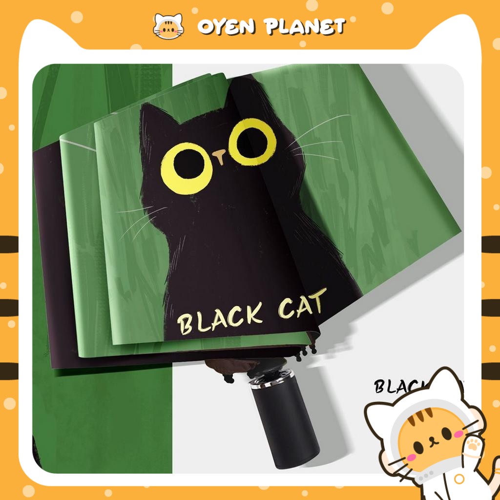 OYEN PLANET Black Cat Foldable Umbrella Sun UV Windproof Sturdy Payung Lipat Murah Hujan Small Parasol 折叠雨伞 UMBRELLA01