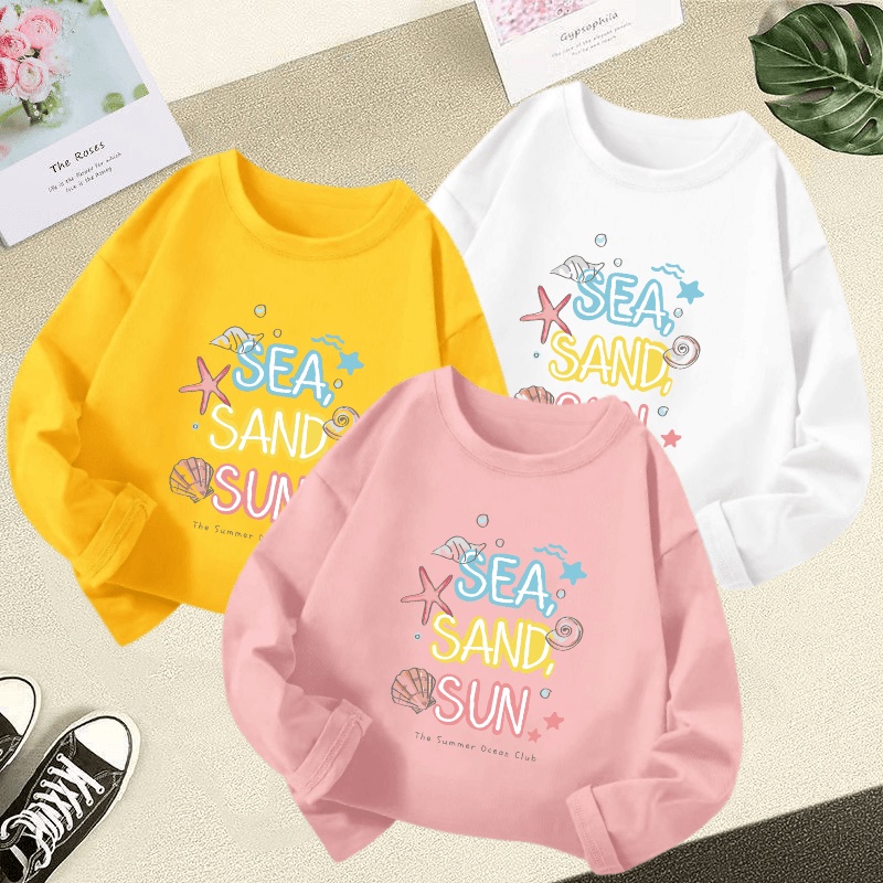 3-12Y Ocean element cartoon print boys and girls long sleeved T-shirt soft round neck children's top cute large size kids baju-t casual baby clothing