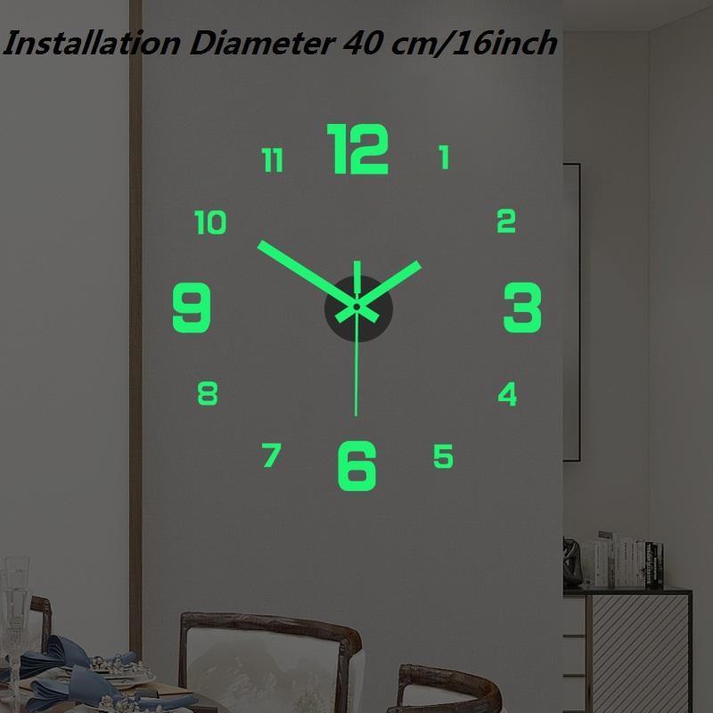 Jam dinding 3D bercahaya tanpa bingkai pelekat dinding jam senyap untuk rumah ruang tamu pejabat hiasan dinding, hiasan