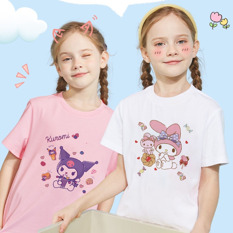 Cute Kuromi Melody Girls Short Sleeve Tshirt Cartoon Summer New Cartoon Sweet Casual Childrens Clothes