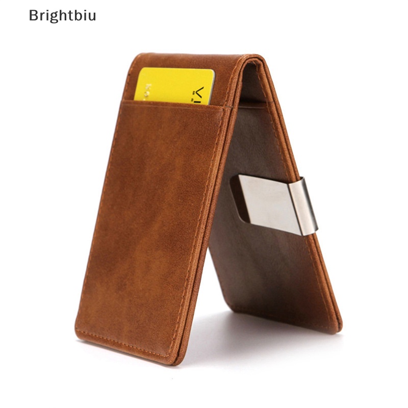 [Brightbiu] Fashion Men PU Leather Bifold Money Clips Multi functional Thin Metal Clamp Wallet Card Holder Boutique