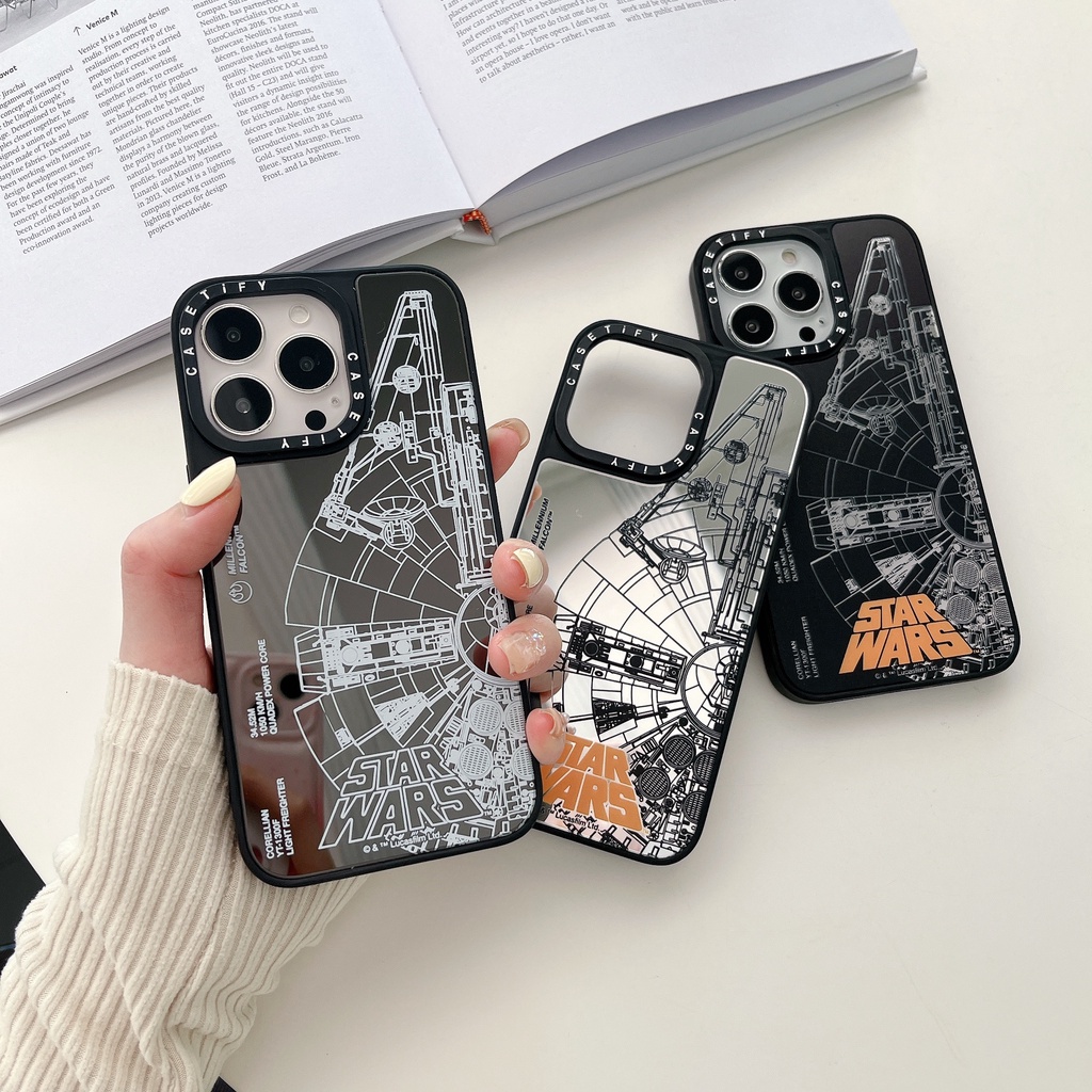 Mirror Star Wars Millennium Falcon Space Ship Sci-Fi Joint Designed Sketch Hard Case Cover Casing Compatible for iPhone 15 Pro Max Plus 14/13/12/11/X/XS/XR 7Plus/8Plus 7/8/SE2020