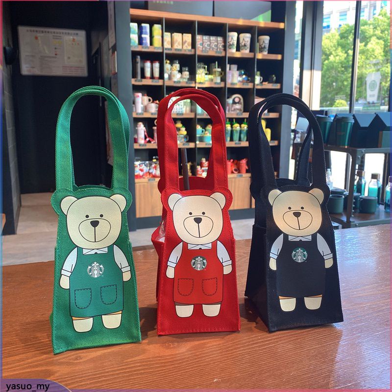 【in Stock】starbucks Canvas Bear Storage Bag Coffee Tumbler Carrier Holder Tote Bag Office Worker Packing Bags (yasuo.my)