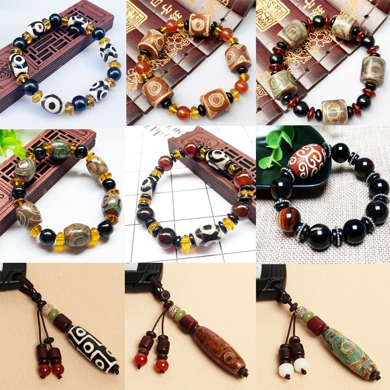 Natural Tibetan Three-Eyed Dzi Bead Bracelet Powerful Agate Dzi Keychain