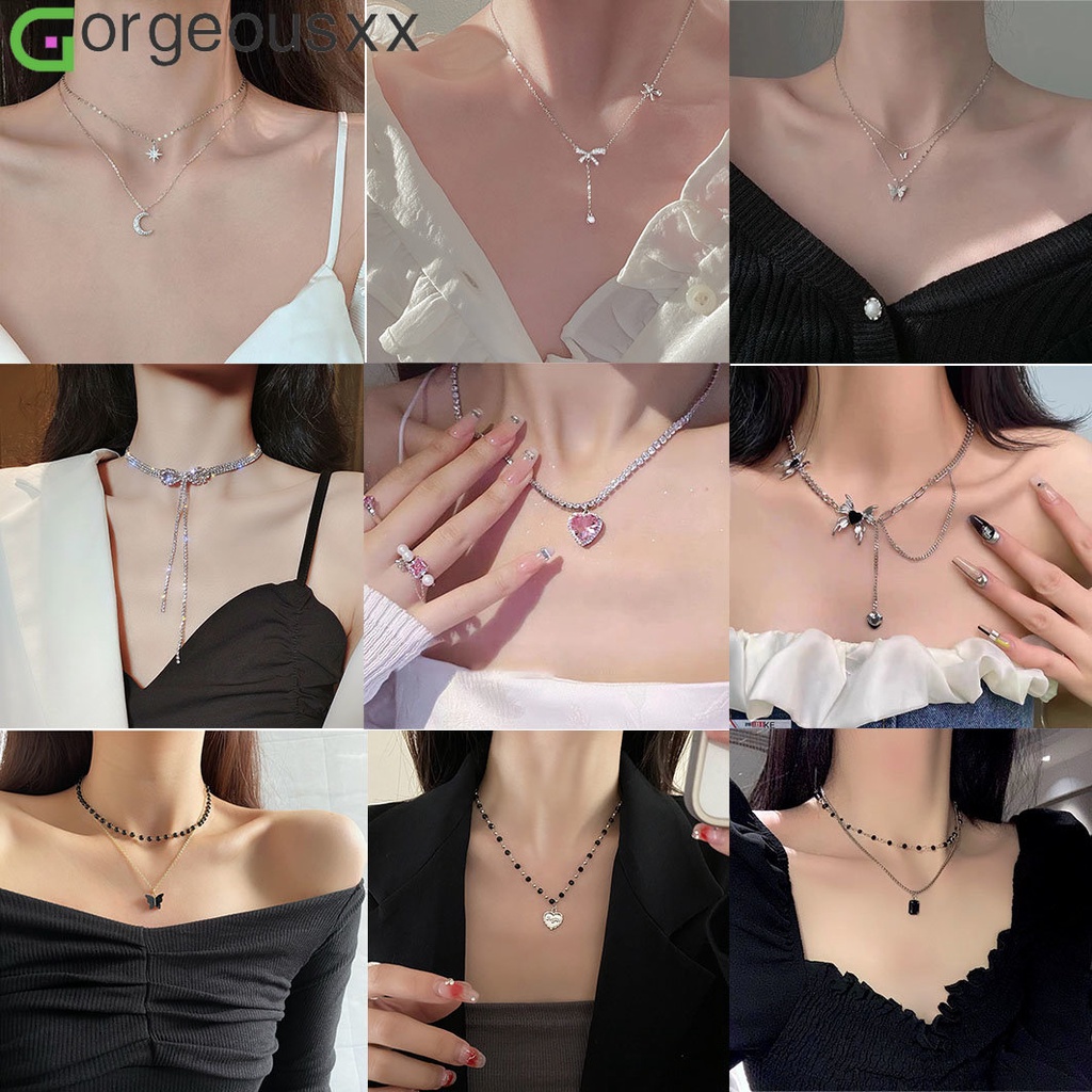 Shining Bowknot Star Pendant Clavicle Chain for Women Elegant Flower Butterfly Love Heart Necklaces Jewelry Party Gifts