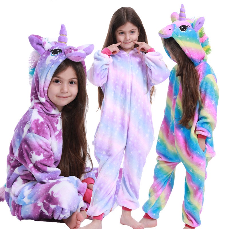 Kigurumi Girls Boys Cartoon Sleepwear Children Unicorn Stitch Pikachu Dinosaur Onesies Animal Flannel Pajamas