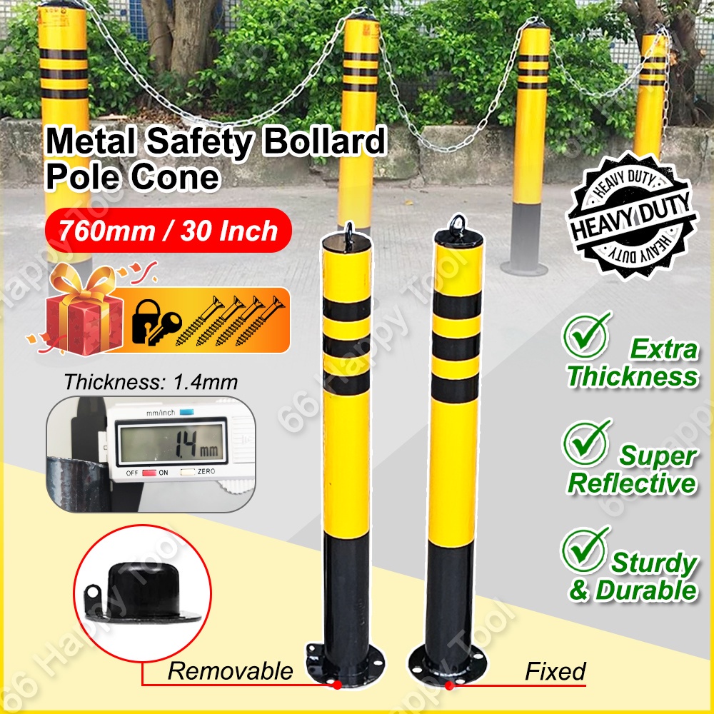 (30Inch) H/D Metal Safety Bollard Pole Cone Reflective Strap Ring Type Detachable FOC Key Lock Screw Set Parking Post