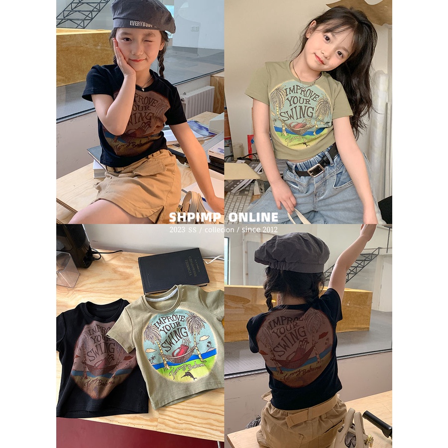 Ready Stock Hot Sale New Style Japanese Korean Girls Short Short-Sleeved T-Shirt 2023 Summer Children Medium Large Version Fashionable Slim-Fit Jazz Dance Top Tren