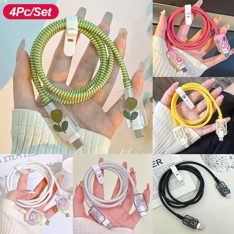 4Pc/Set Cartoon Cable Protector Wire Protector Compatible for iP 20W Charging Cable 11Promax 12 13Pro TypeC Cord Protector