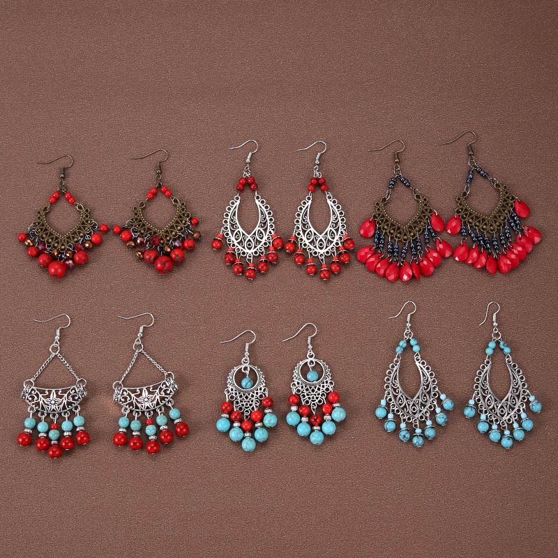 Retro Ethnic Tasse Earrings Blue Red Turquoise Long Bohemian Earrings Holiday Style Women's Tibetan Silver color Dangle Earrings