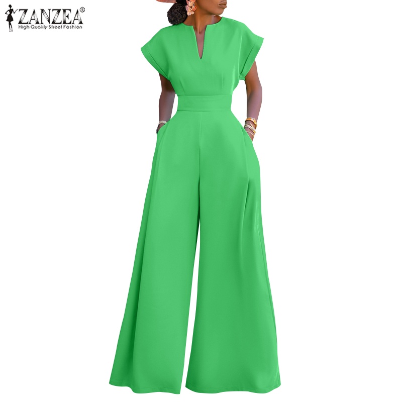 ZANZEA Women Round V-neck Short Sleeve Waist Side Pocket Wide Leg Jumpsuit