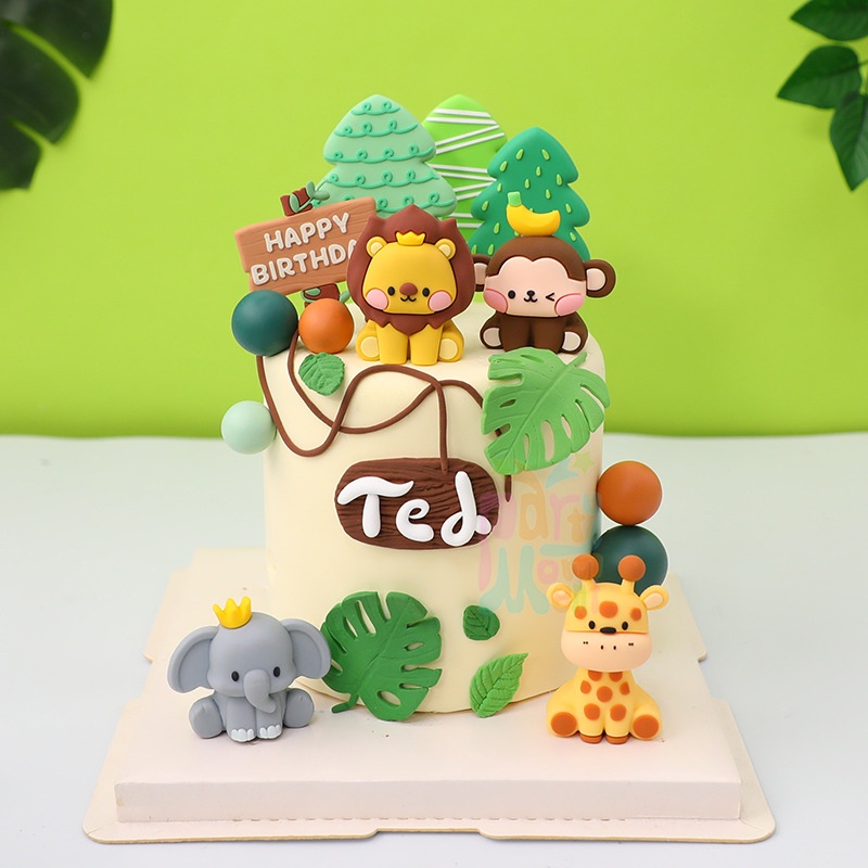 New 3D Cute Animal Theme Cake Topper Woodland Jungle Safari Lion Monkey Tiger Soft Rubber Cake Decoration Kids Birthday Party Needs