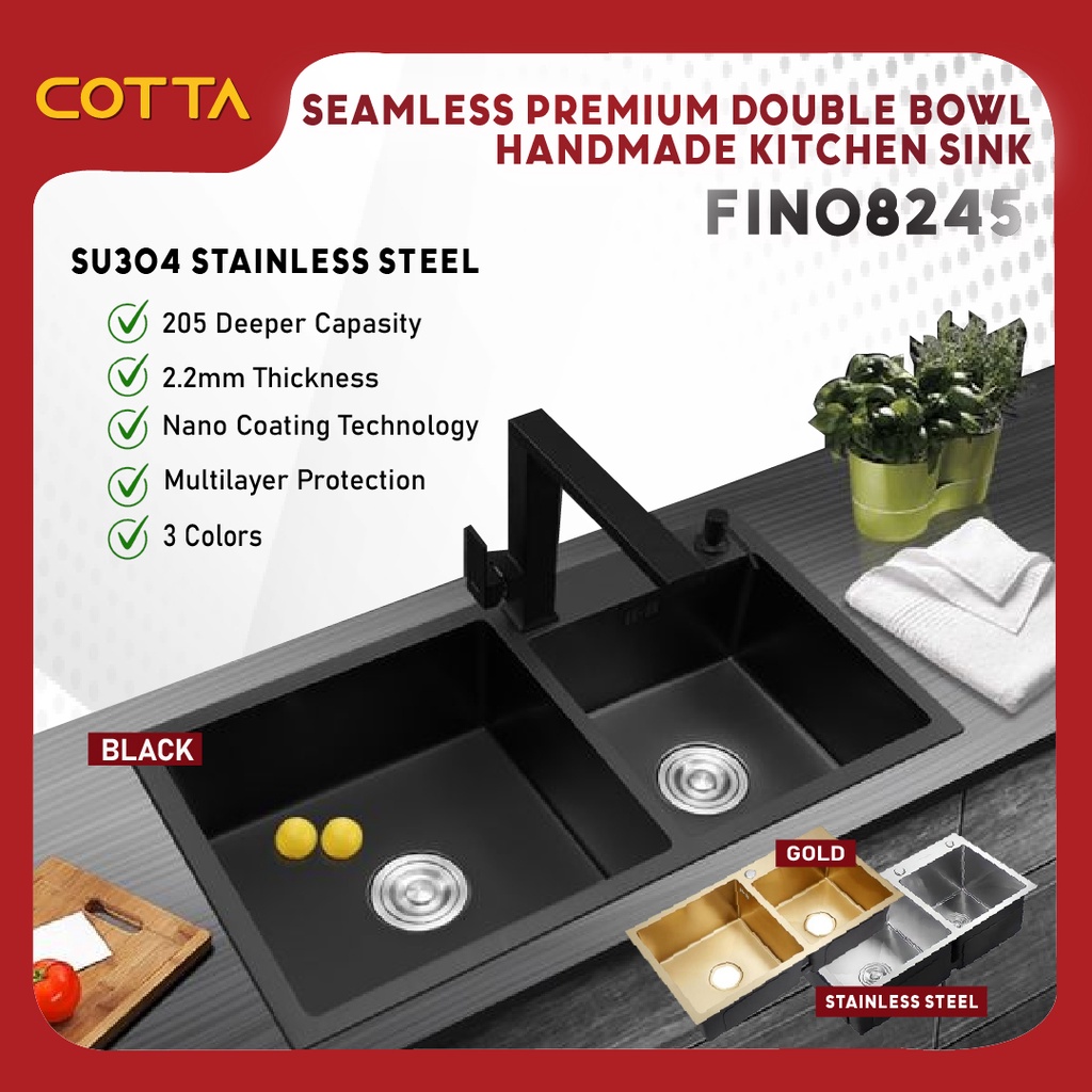 COTTA Fino Sinki Dapur Stainless Steel Undermount Kitchen Sink Double Bowl Sink Double Bowl Sink Stainless Steel Double