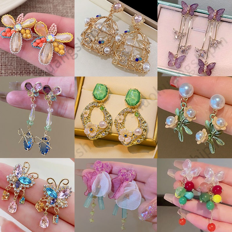 Color Series Japanese Korean Butterfly New Style Rhinestone Pearl Elegant Temperament Trendy Earrings