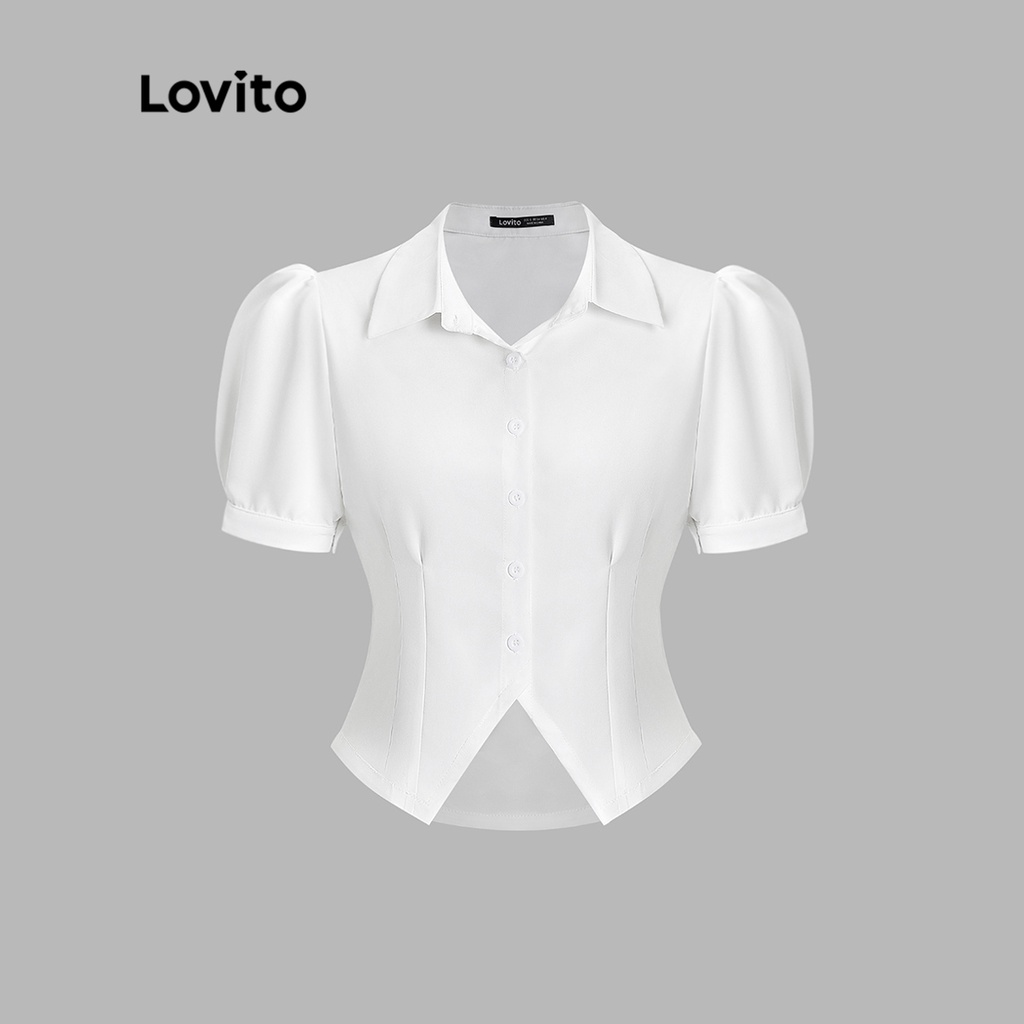 Lovito Casual Blouse Plain Button Y2K Puff Sleeve Blouse for Women L52AD035 (White)
