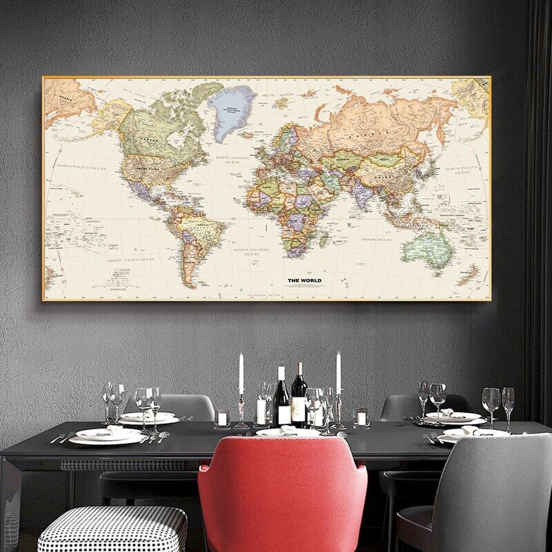 The World Political Map Retro Canvas Painting Vintage Wall Art Poster Classroom Home Decoration 0316