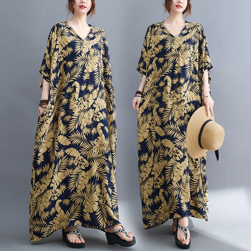 Summer New Cotton Dress Kaftan Batik Print V-Neck Loose Holiday Style Long Dress Women's Beach Dress