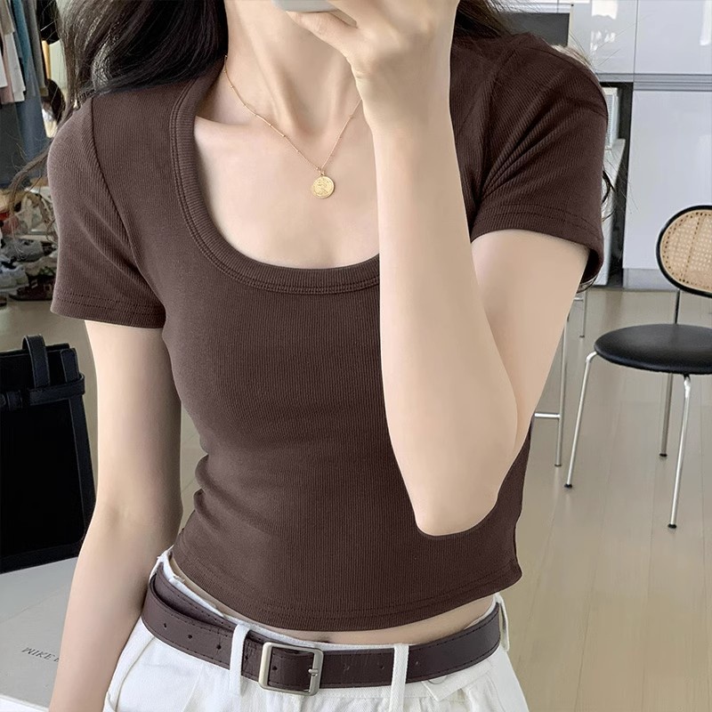 [Yddy] Small U-Neck Shoulder Short-Sleeved T-shirt Female 2023 Summer Hot Girl Online Popular Slim Fit High Waist Crop Top