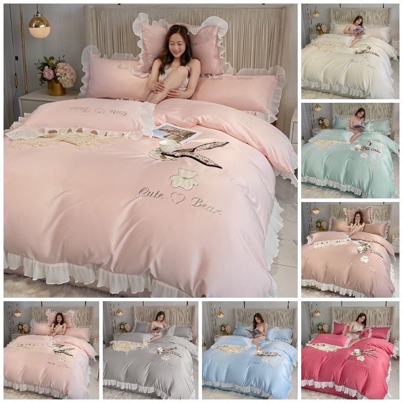 4in1 Luxury Premium Embroidery Washed Silk Ice Silky Skin Friendly 4IN1 Bed Sheet Quilt Cover Bedding Set