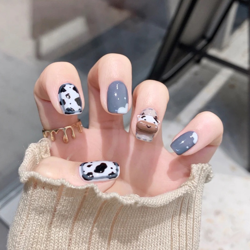 Z074 24Pcs DIY Fake Nails French Cool Finger Nail Art False Nail Sticker