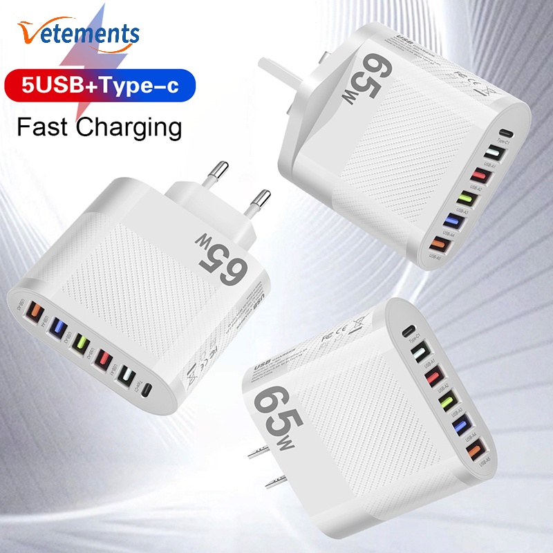 Practical EU US UK Plug 65W Quick Charging Adapter/ 5USB Type-C 6 In 1 Phone Charge Head/ Multipurpose Tablet Electronic Product Charger