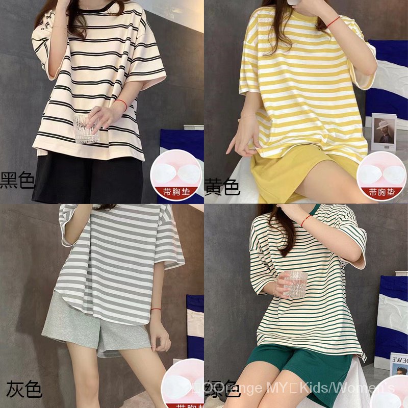Summer New Style Ladies Loose With Chest Pad Striped Hot-selling Short-Sleeved Shorts Can Wear Outside Home Clothes