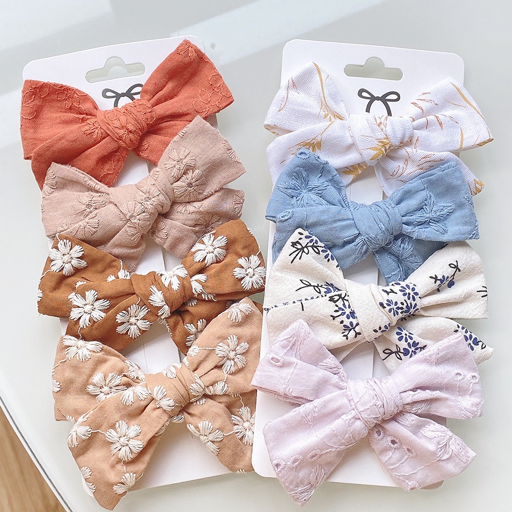 4 Pcs/Set Floral Embroidery Bowknot Hair Clip For Girls Printing Kids Accessories Wholesale