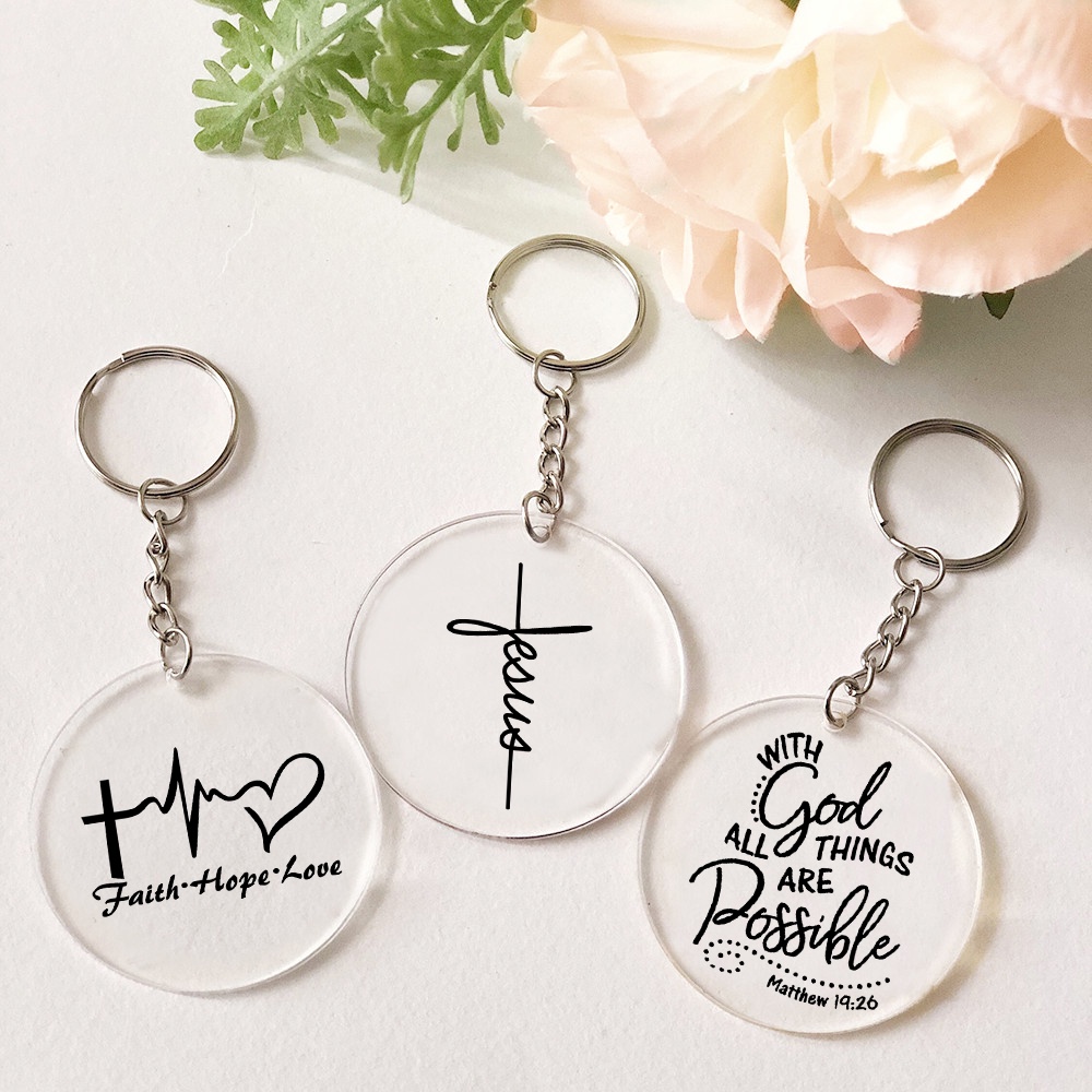 Jesus Faith God Print Keychain Transparent Circle Keyring Monogram Acrylic Keychain Christian Key Ring Simple Fashion Key Chain