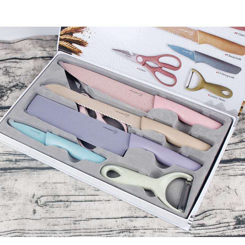 6 In 1 Evcrierh Corrugated Knife Kitchen Knife Set Colourful Pisau Dapur KITCHEN KNIVES 厨房刀剪刀KITCHEN SCISSORS