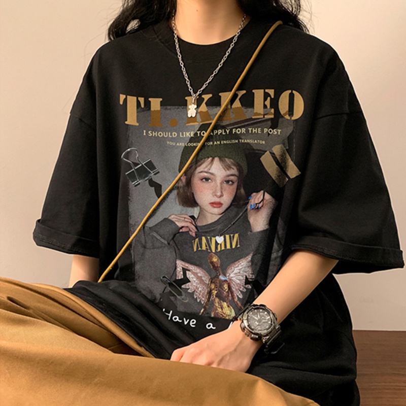 American Vintage College Style Hip Hop Street That Girl Graphic Print T-shirt Women's Coffee Fashion Brand Loose Large Couple Top