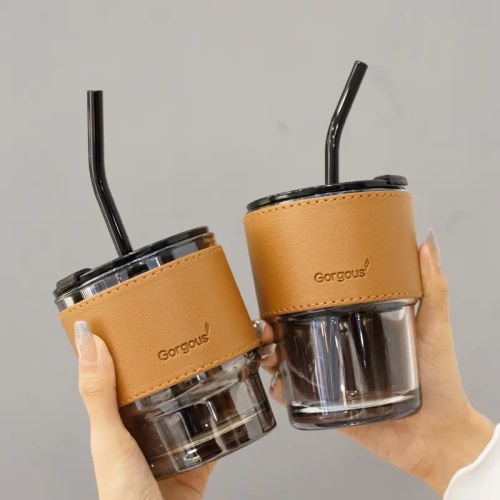 HS ONLINE SHOP [420ml]Ins style Glass Mug Cold coffee cup With Lid & Straw Tumbler