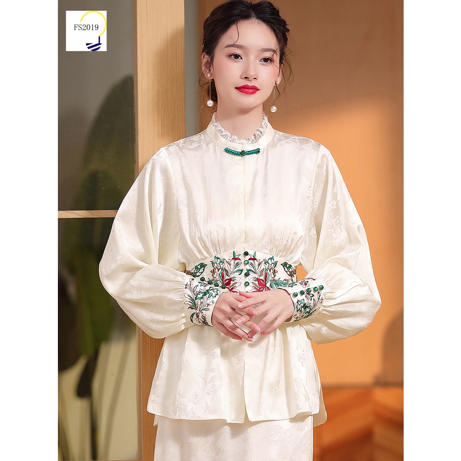 New Chinese Chiffon Long Sleeve Blouse French Top Women Embroidery Retro Temperament Shirt Celebrity Luxury Premium Design Silm