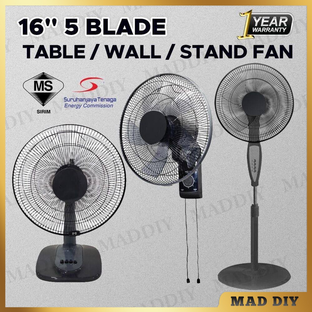 <SIRIM> 16" 5 BLADE 3 SPEED TABLE FAN/WALL FAN/STAND FAN