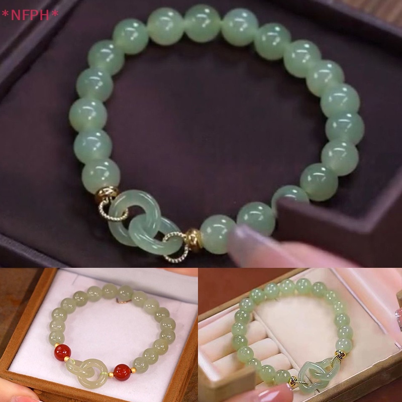 NFPH> Fashion Double Ring Interlocking Hetian Jade Beaded Bracelet Female Ins Style Love Safety Buckle Bangle For Bestie Birthday Gift new