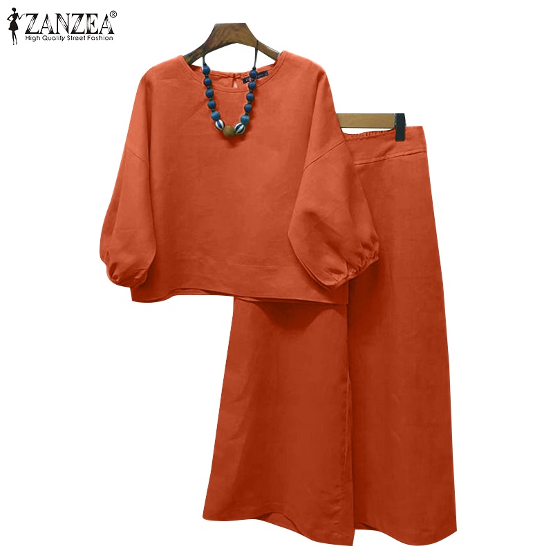 ZANZEA Women Vintage 3/4 Sleeves Lantern Sleeves Top Cuff Elastic Back Waist Elastic Flared Pants Casual Sets