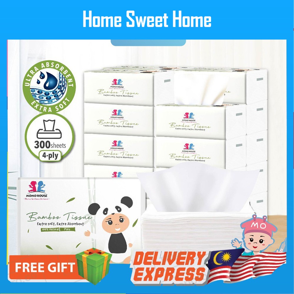 Momo House Bamboo Tissue Soft Facial Tisu Paper 75 Pulls x 4 Ply = 300pcs Per Pack