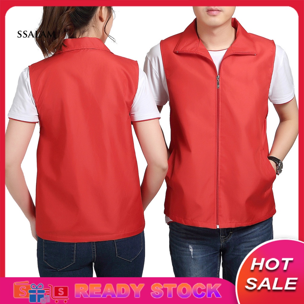 【Ready Stock] Lapel Sleeveless Pockets Zipper Placket Mesh Lining Outdoor Vest Volunteer Bright Color Slim Fit Work Waistcoat