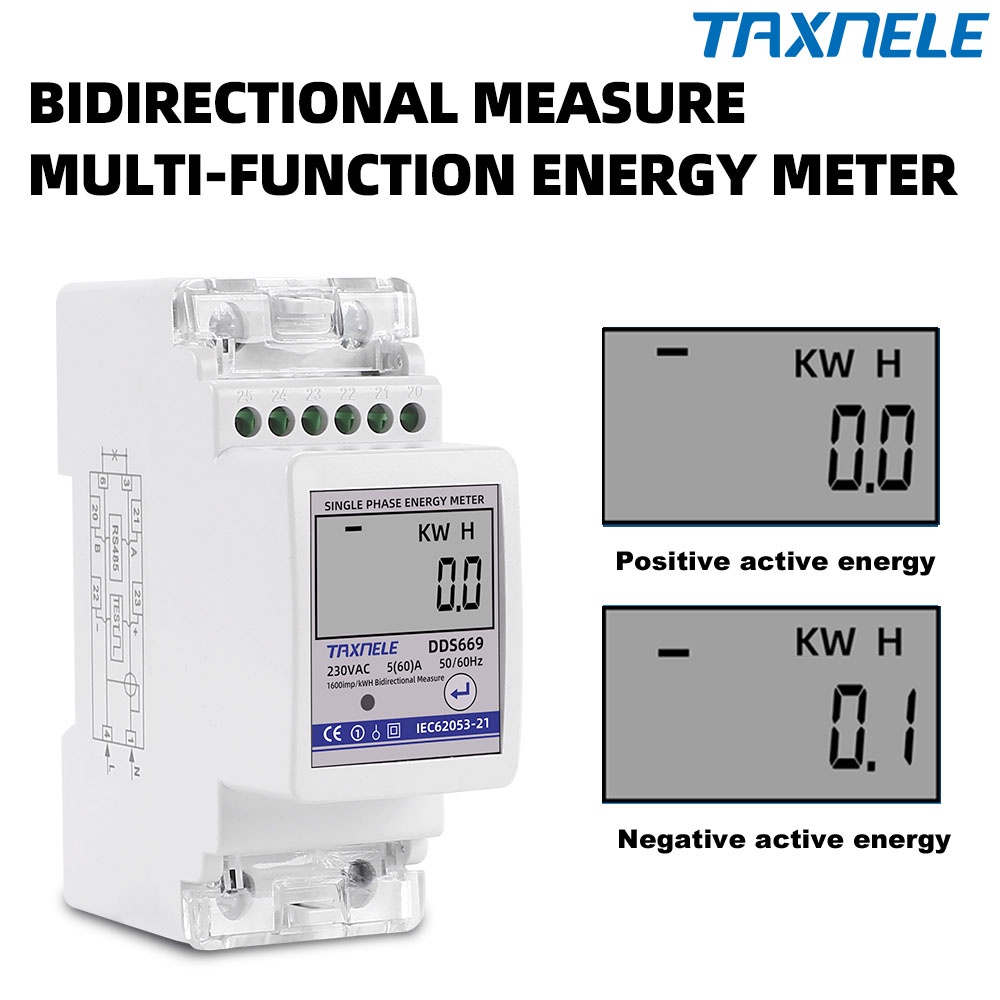 Multifunction 230V 60A Bi-directional Energy Meter Import Export KWH Solar PV Power Voltage Current Frequency R485 Communication