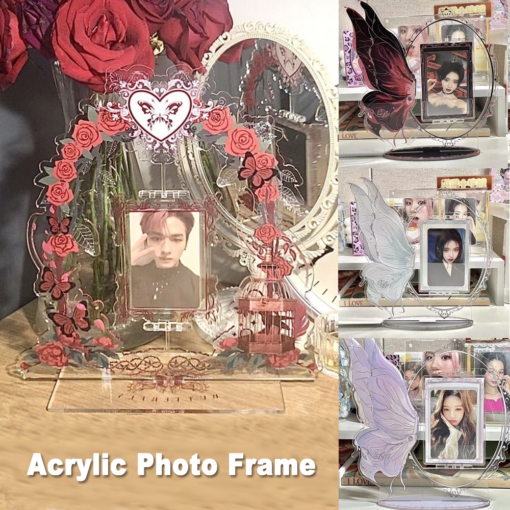 Romantic Rose Acrylic Photo Frame Rotatable Deluxe 3 Inch photocards Holder Desktop Beautiful Butterfly Display Frame Idol Photocard Protective Case Decoration