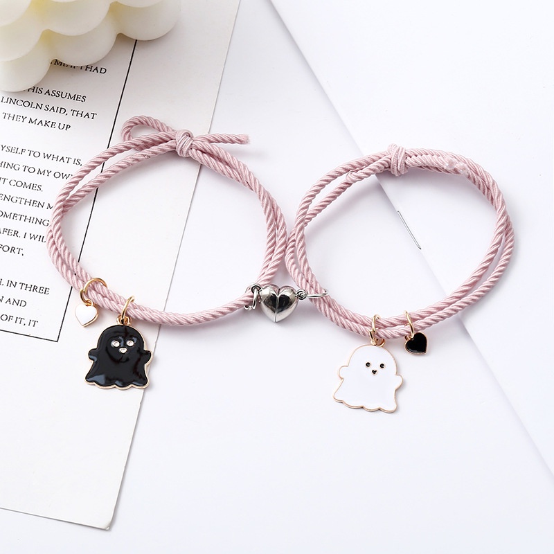 2pcs/set Cute Cartoon Ghost Magnet Woven Bracelet For Couple Fashion Link Jewelry Lover Best Friendship Gifts Wristband Decoration Accessories