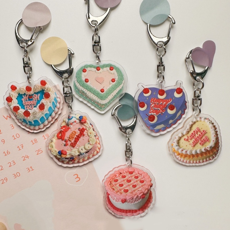 ARIN Vintage Colored Birthday Cake Keychain Acrylic Lovely Backpack Zipper Headphone Decorative Pendant Car Keychain Toy