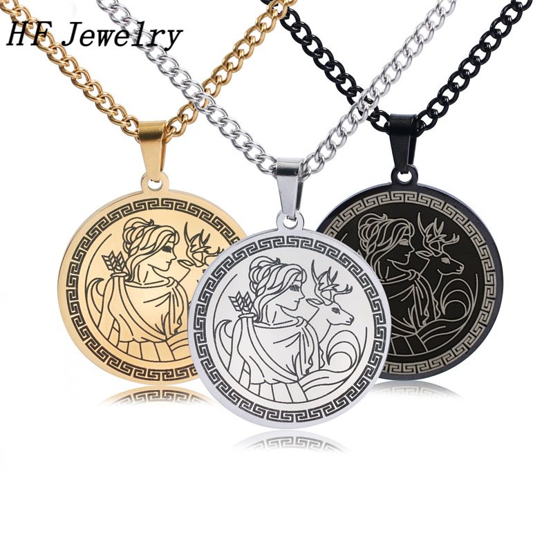 [HF Jewelry]316 Stainless Steel Hip-hop Men's and Women's Styles Ancient Greek Olympian Twelve Goddess of Hunting Artemis Round Pendant Necklace Fashion Jewelry