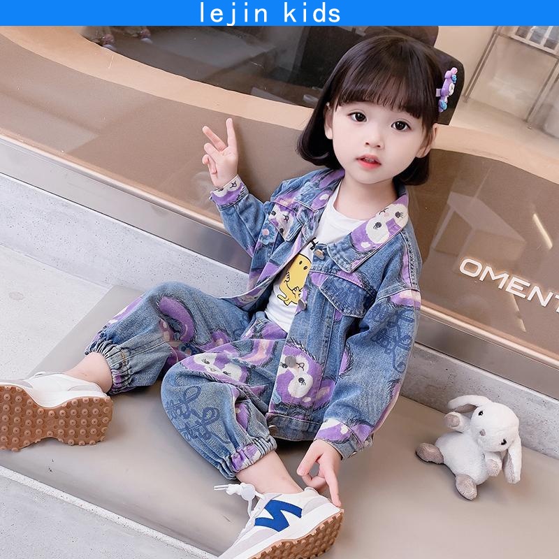 Baju Budak Perempuan Kids Girl Suits Set Fashion Cute Cartoon Suit Korean Style Girls Casual Denim Long Sleeve Outfits Childrens Clothing