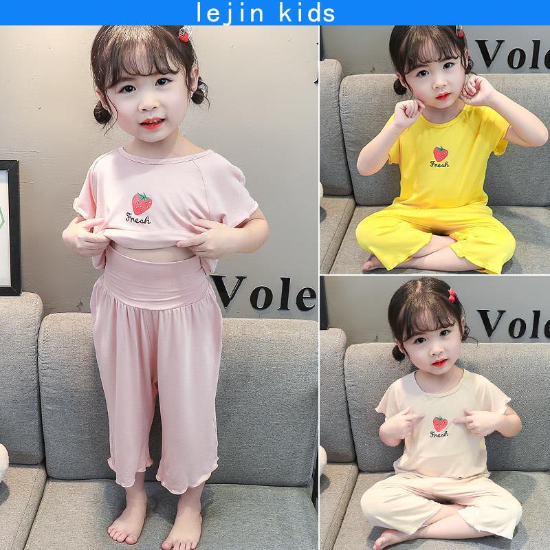 Baju Budak Perempuan 0-6 Y Candy Color Sweet Beauty Girl Short Sleeve Pajamas Modal Summer Suit Girl Baby Thin Home Clothes Childrens Clothing