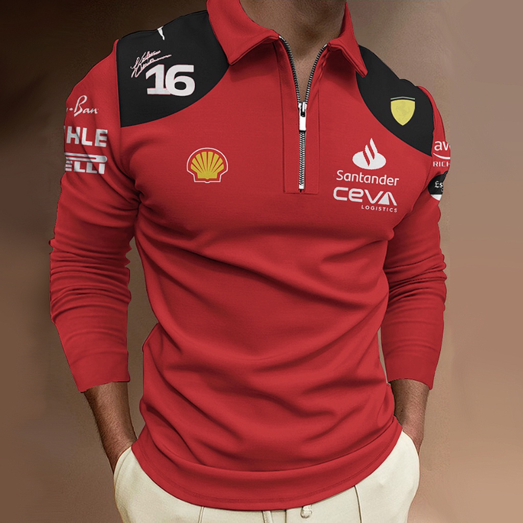 Ferrari Men's Formula One Polo, Long-Sleeved t-Shirt, Classic Color, Racing Equipment, Outdoor Sports, 3D Printing Breathable Top, 2023 New Product