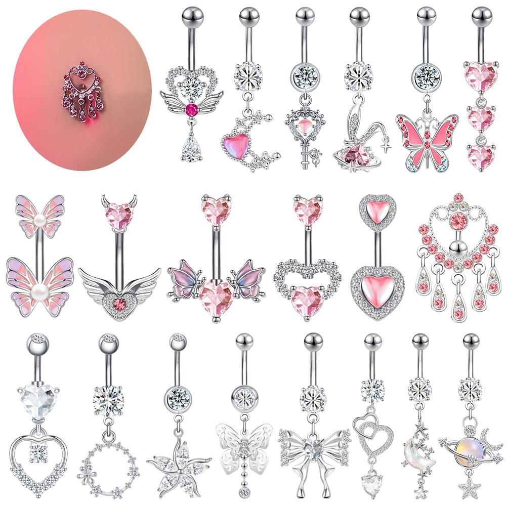 1 PC Pink Heart Crystal Belly Button Ring Stainless Steel Butterfly Navel Piercing Reverse Curved Belly Navel Rings 14G