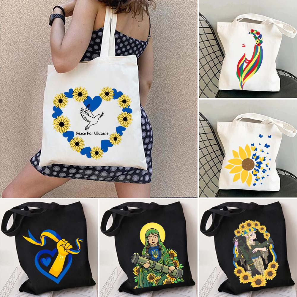 Traditional Ukrainian Love Heart Sunflower Coat of arms Ukraine Flag Shopping Shoulder Canvas Tote Bag Harajuku Shopper Handbags