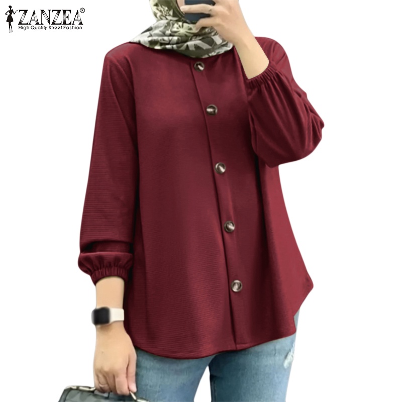 ZANZEA Women Muslim Casual Solid Color Full Sleeve O-Neck Abaya Kaftan Blouse