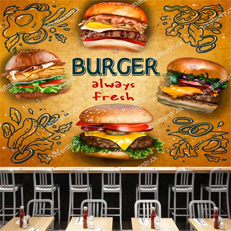 Custom Retro Burger Fast Food Wallpaper Industrial Decor Mural Restaurant Snack Bar Background Wall Paper Sticker