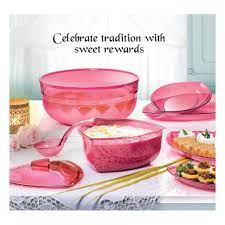 Tupperware Roza Set Triangular Server with Ladle 2.2L & Punch Bowl with Seal 6L & Large Platter & Sm